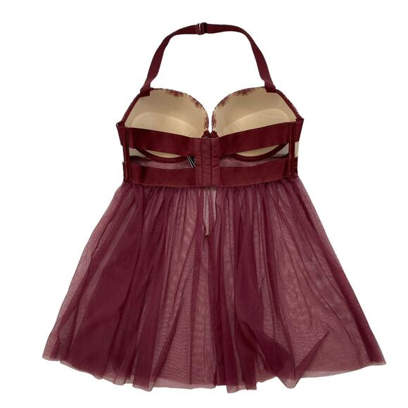 VICTORIAS SECRET Garnet Red Eyelash Lace Mesh Babydoll Bra Top Size 34D #397852 - Picture 2 of 7